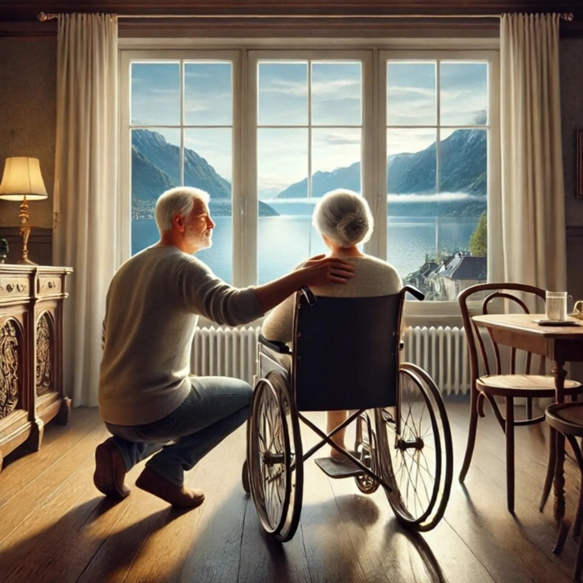 Pflegender Angehöriger und Frau im Rollstuhl vor Panoramafenster mit Seeblick – Einblick in den Pflegealltag mit Demenz