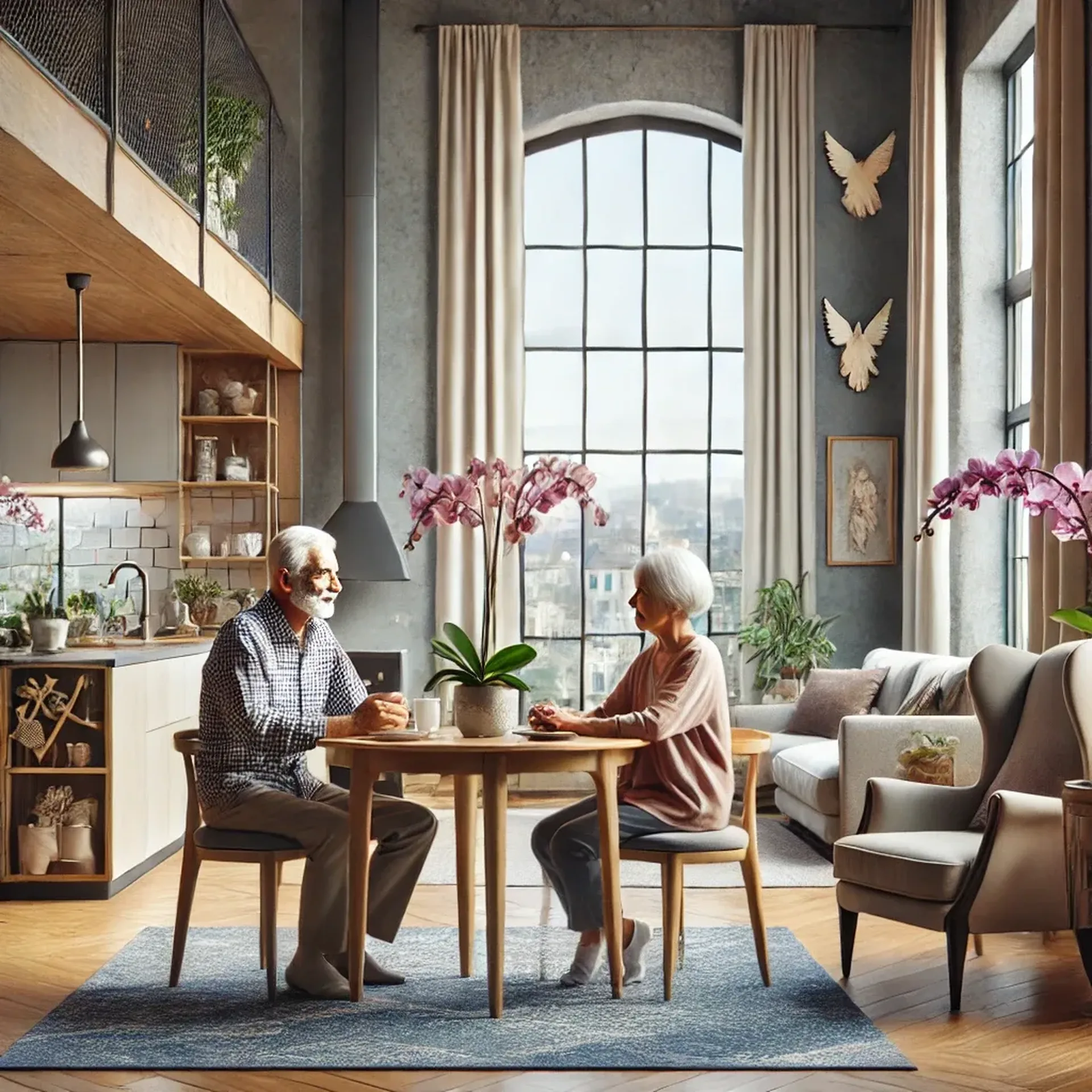 Älteres Paar sitzt am Tisch in gemütlicher Wohnküche – Alltag mit Parkinson zu Hause